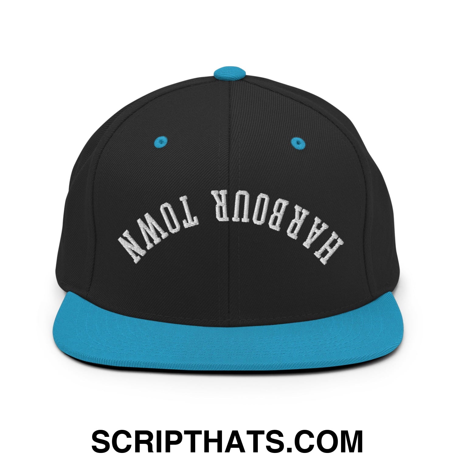 Upside Down Harbour Town Embroidered Flat Bill Brim Snapback Hat Black Teal