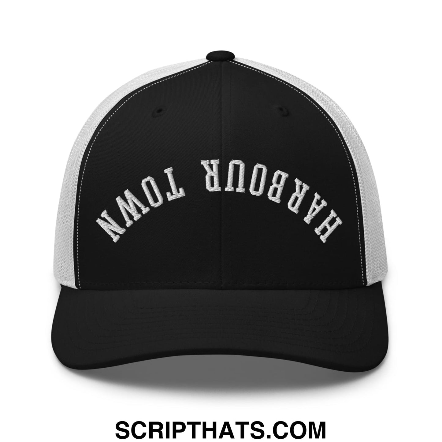 Upside Down Harbour Town Embroidered Mesh Trucker Hat Black White