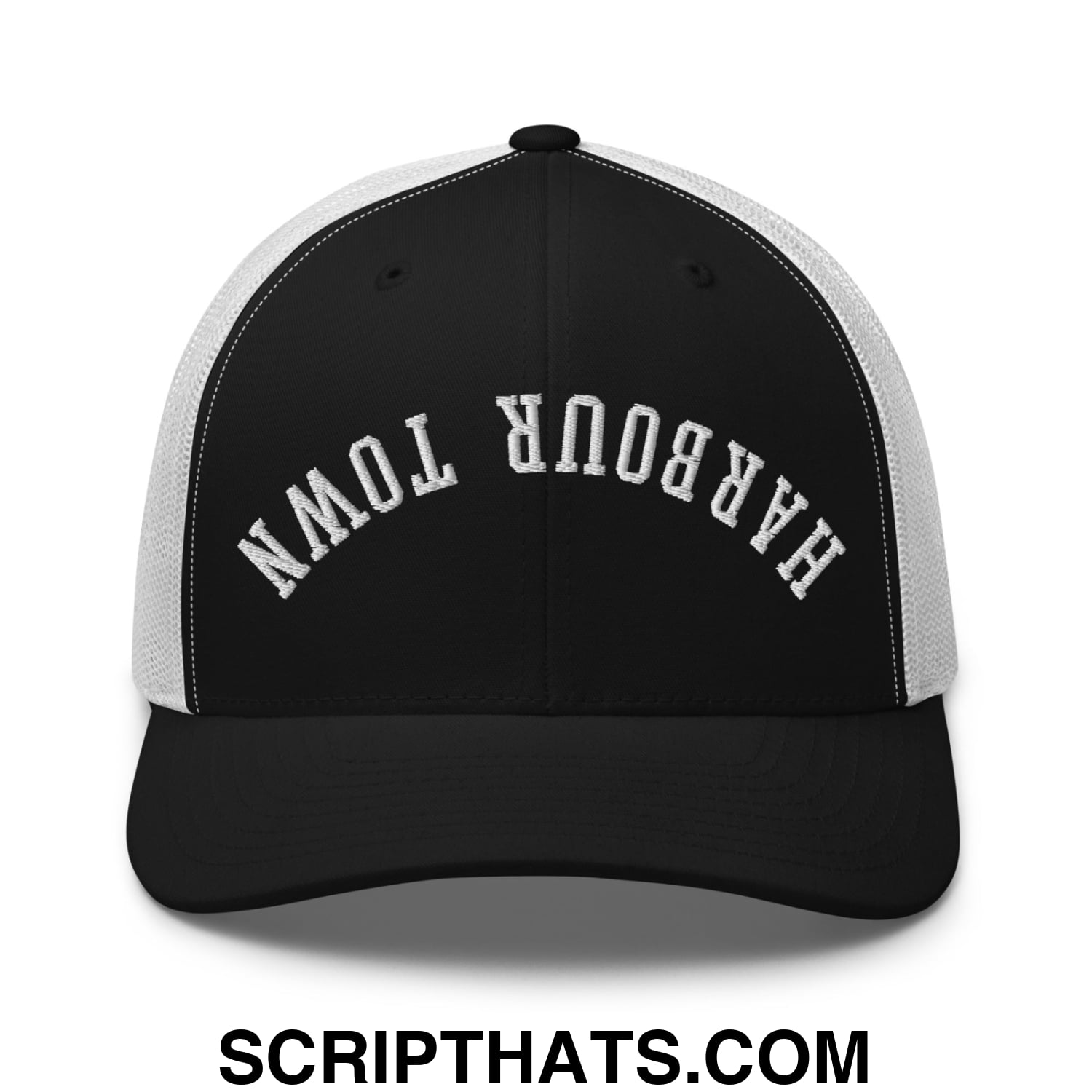 Upside Down Harbour Town Embroidered Mesh Trucker Hat Black White