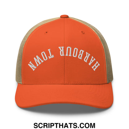 Upside Down Harbour Town Embroidered Mesh Trucker Hat Rustic Orange Khaki