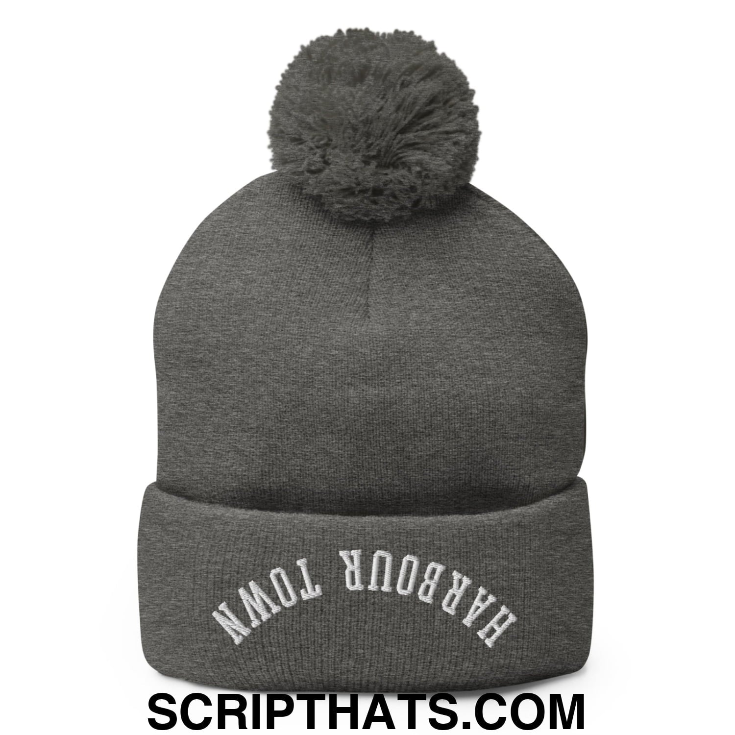 Upside Down Harbour Town Embroidered Pom Pom Knit Beanie Dark Heather Grey