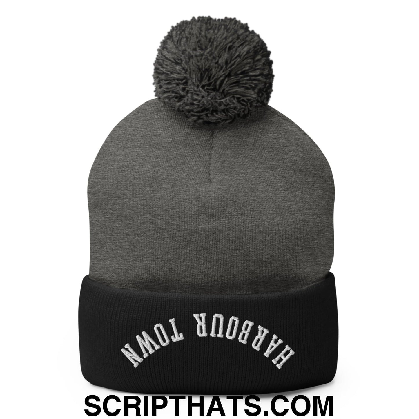 Upside Down Harbour Town Embroidered Pom Pom Knit Beanie Dark Heather Grey Black