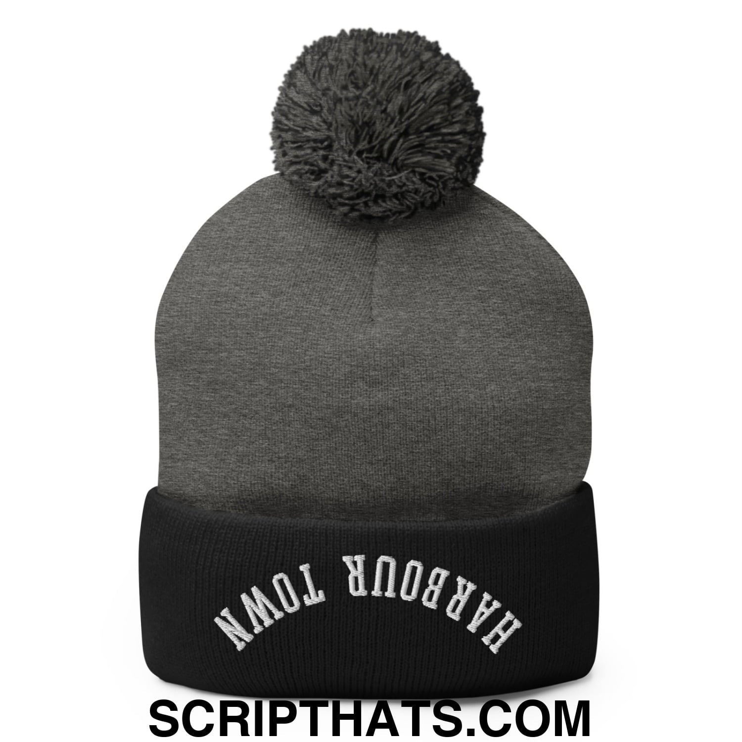 Upside Down Harbour Town Embroidered Pom Pom Knit Beanie Dark Heather Grey Black