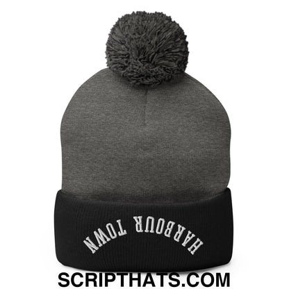Upside Down Harbour Town Embroidered Pom Pom Knit Beanie Dark Heather Grey Black
