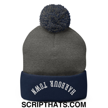 Upside Down Harbour Town Embroidered Pom Pom Knit Beanie Dark Heather Grey Navy