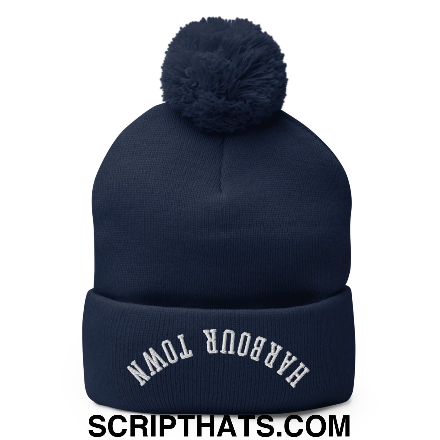 Upside Down Harbour Town Embroidered Pom Pom Knit Beanie Navy