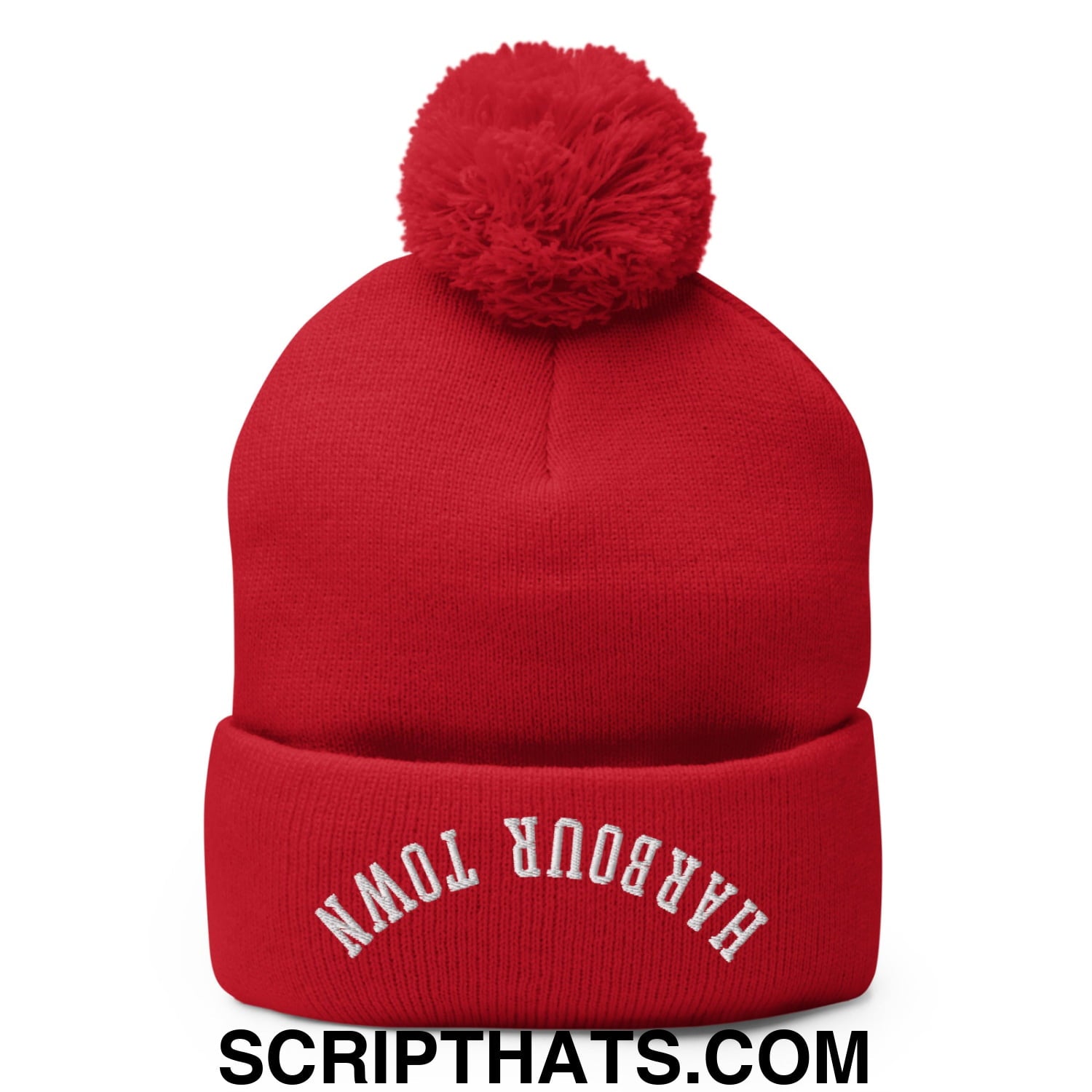 Upside Down Harbour Town Embroidered Pom Pom Knit Beanie Red