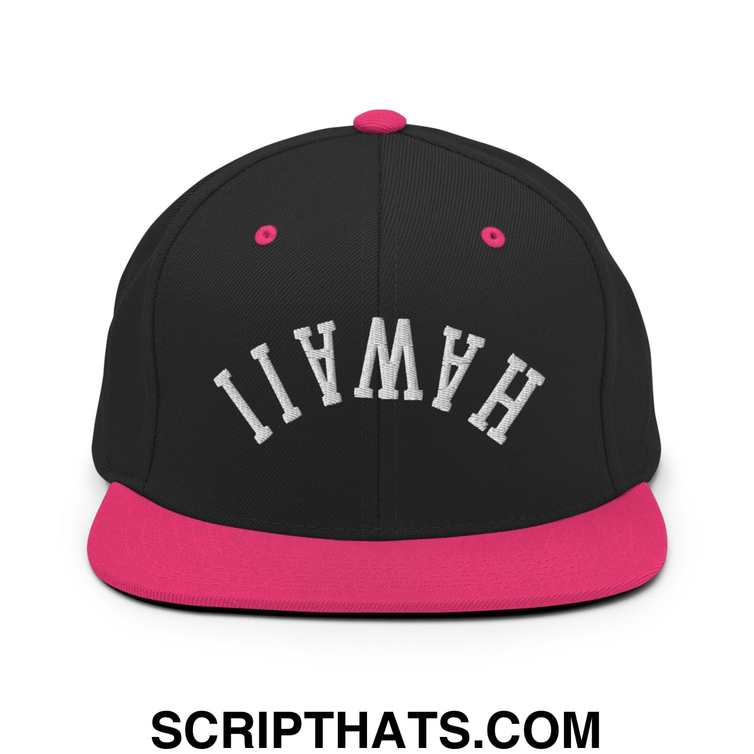 Upside Down Hawaii Embroidered Flat Bill Brim Snapback Hat Black Neon Pink