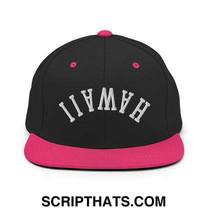 Upside Down Hawaii Embroidered Flat Bill Brim Snapback Hat Black Neon Pink