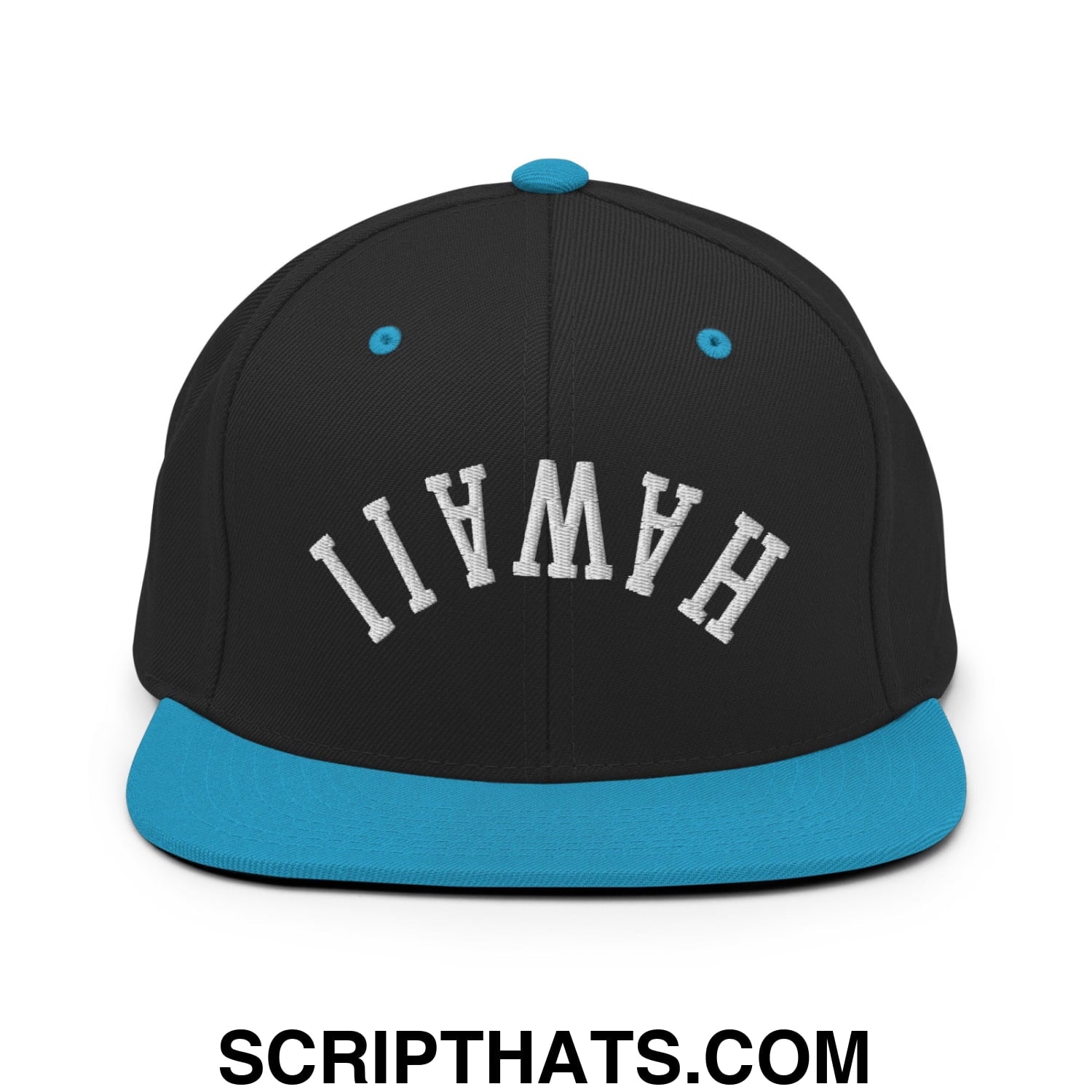 Upside Down Hawaii Embroidered Flat Bill Brim Snapback Hat Black Teal