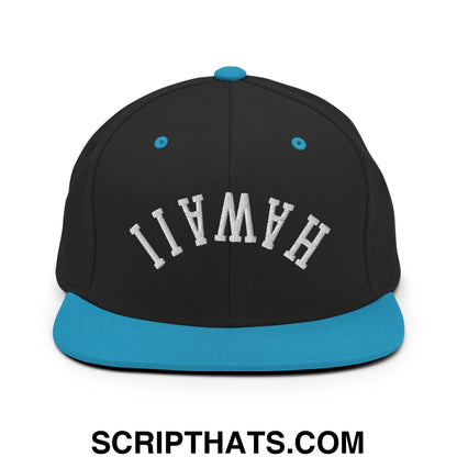 Upside Down Hawaii Embroidered Flat Bill Brim Snapback Hat Black Teal