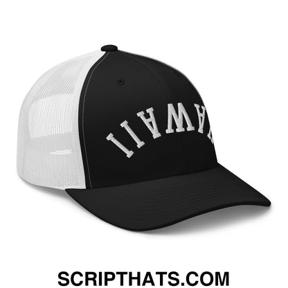 Upside Down Hawaii Embroidered Mesh Trucker Hat Black White