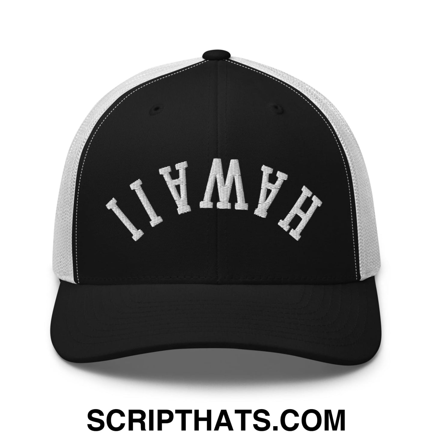 Upside Down Hawaii Embroidered Mesh Trucker Hat Black White