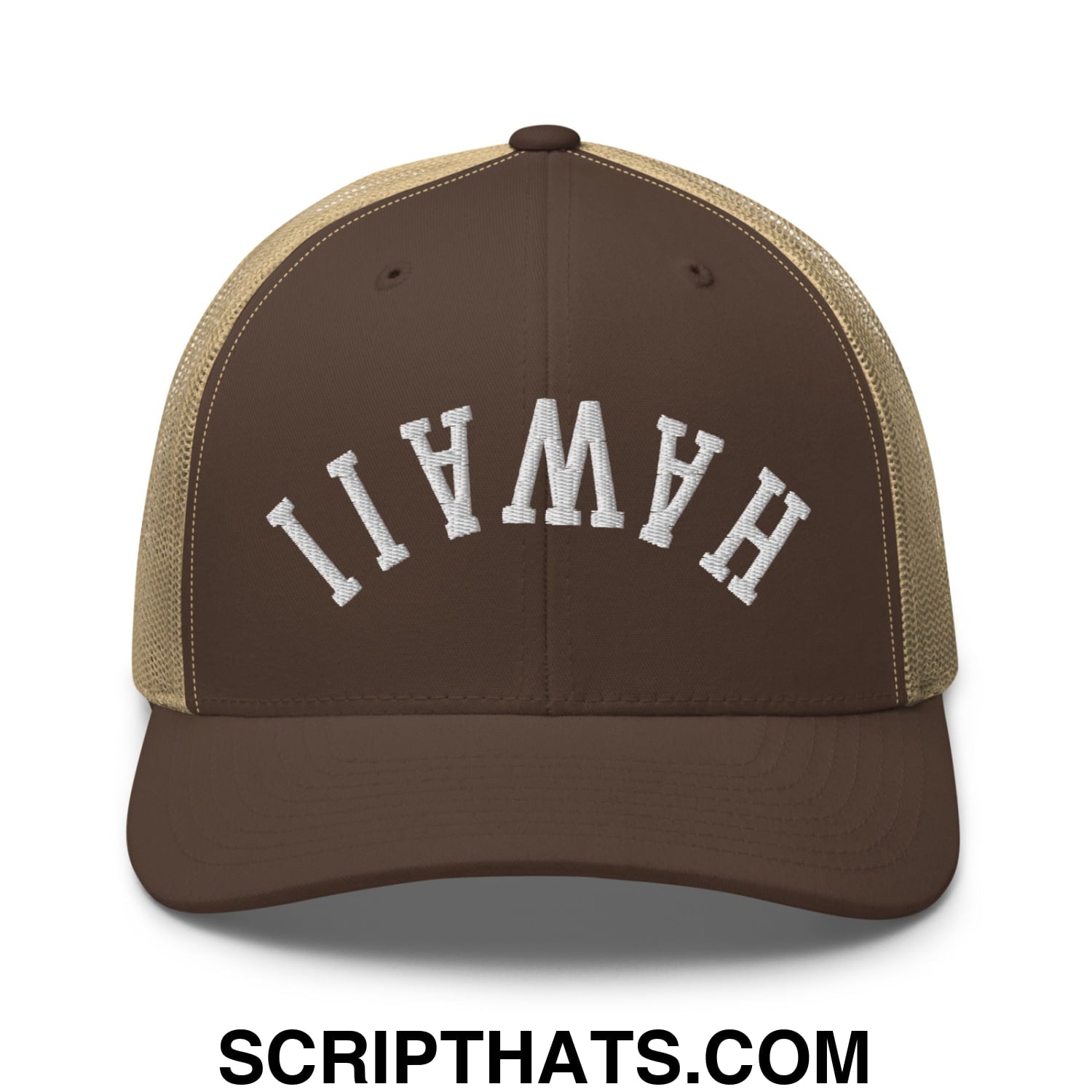 Upside Down Hawaii Embroidered Mesh Trucker Hat Brown Khaki