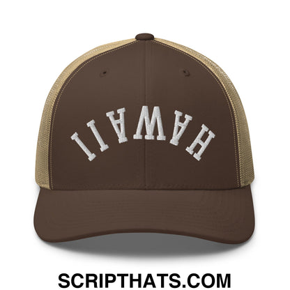 Upside Down Hawaii Embroidered Mesh Trucker Hat Brown Khaki