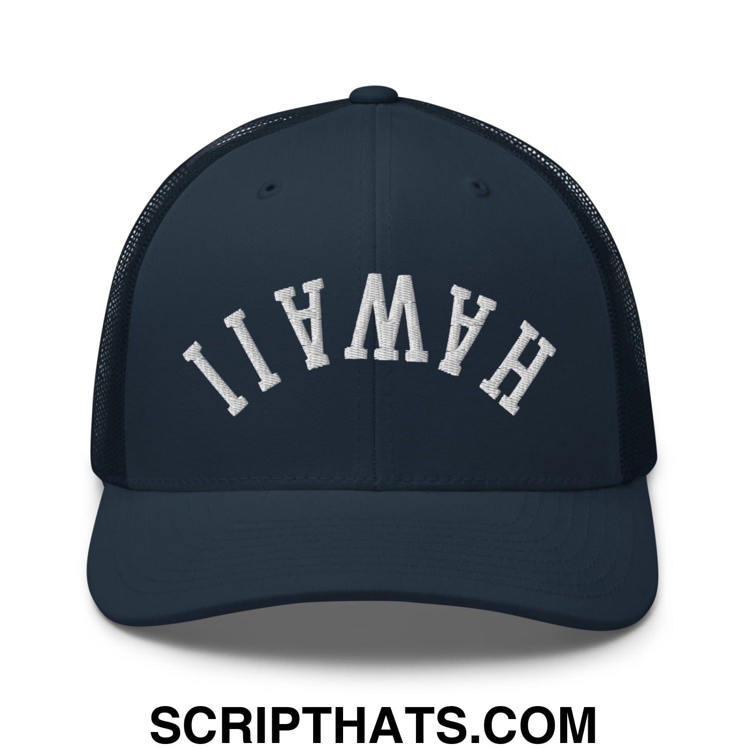 Upside Down Hawaii Embroidered Mesh Trucker Hat Navy