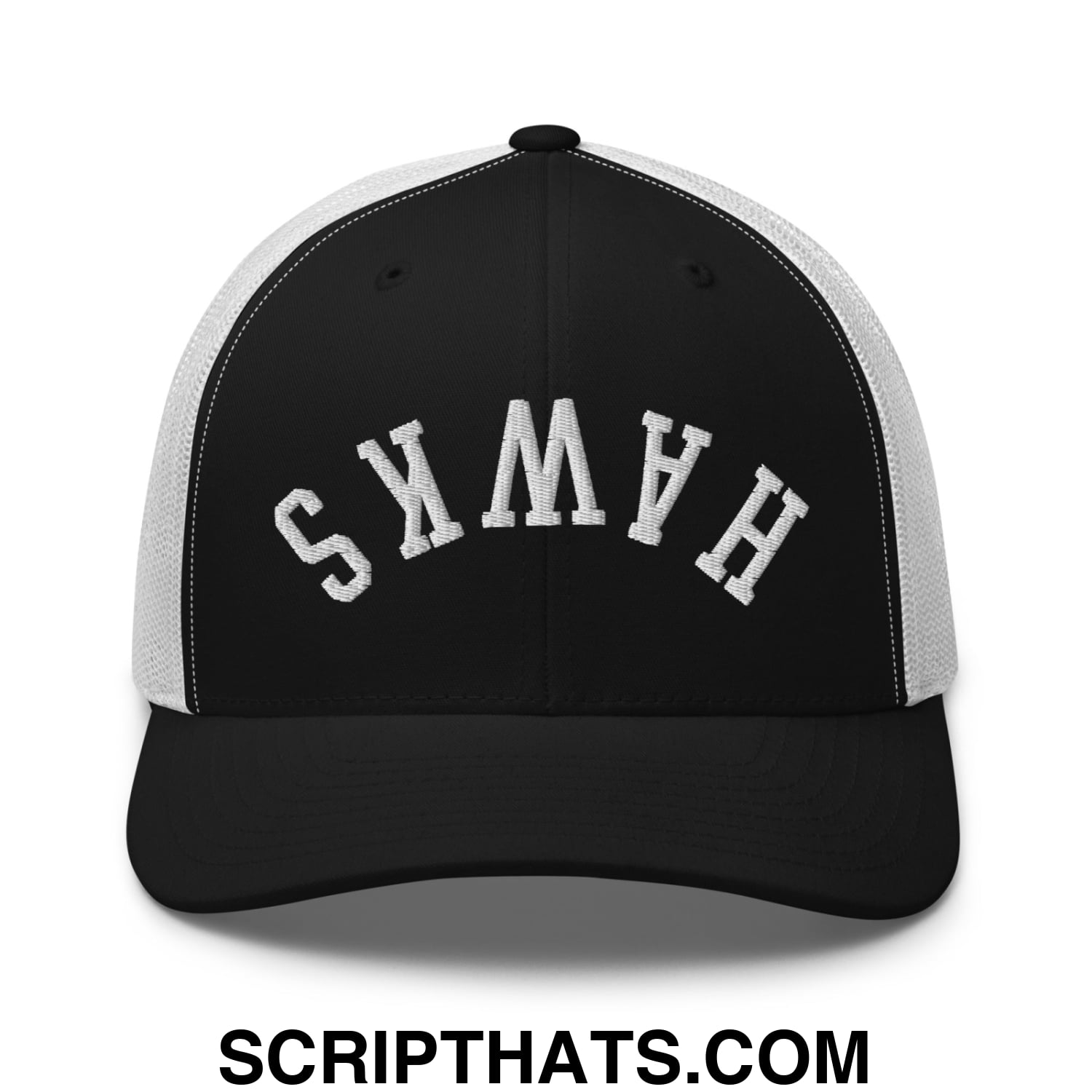 Upside Down Hawks Embroidered Mesh Trucker Hat Black White