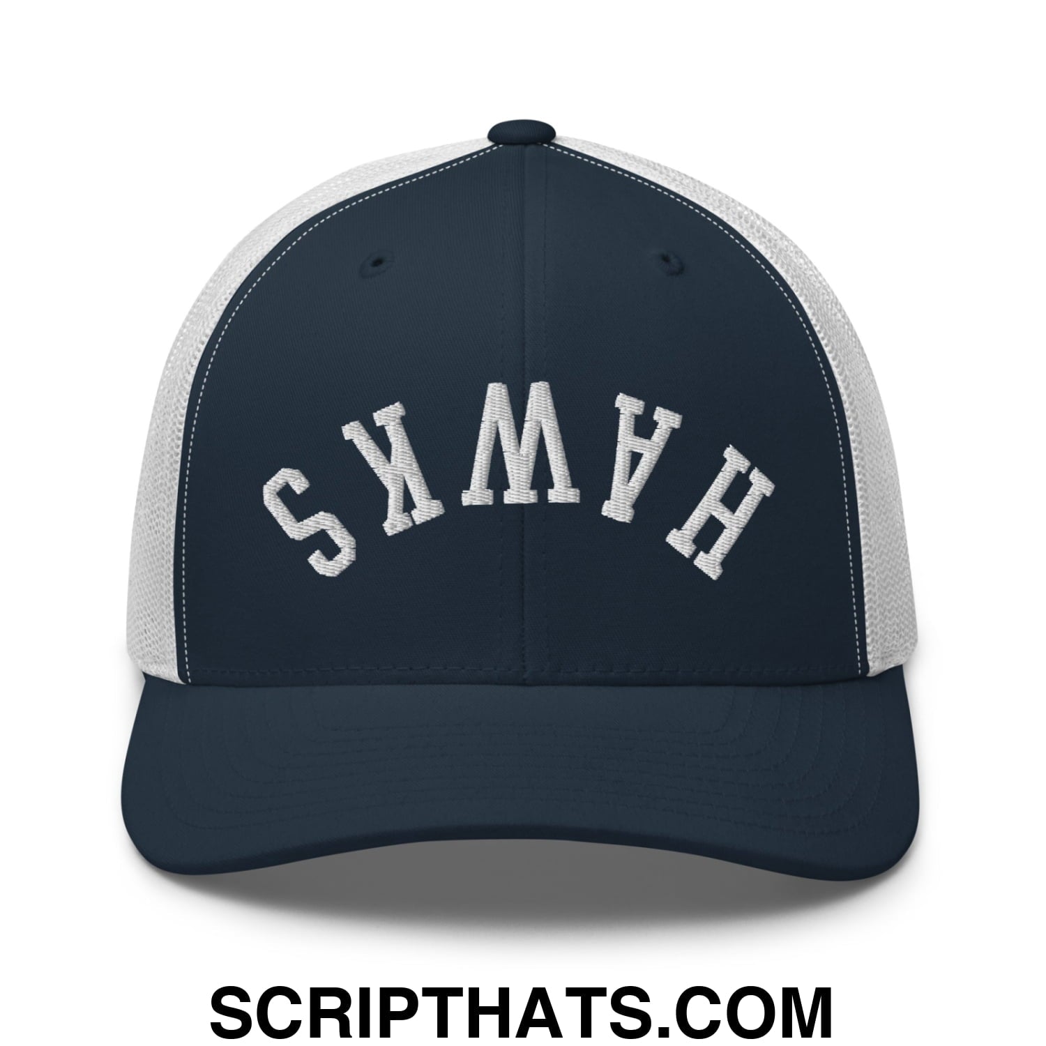 Upside Down Hawks Embroidered Mesh Trucker Hat Navy White