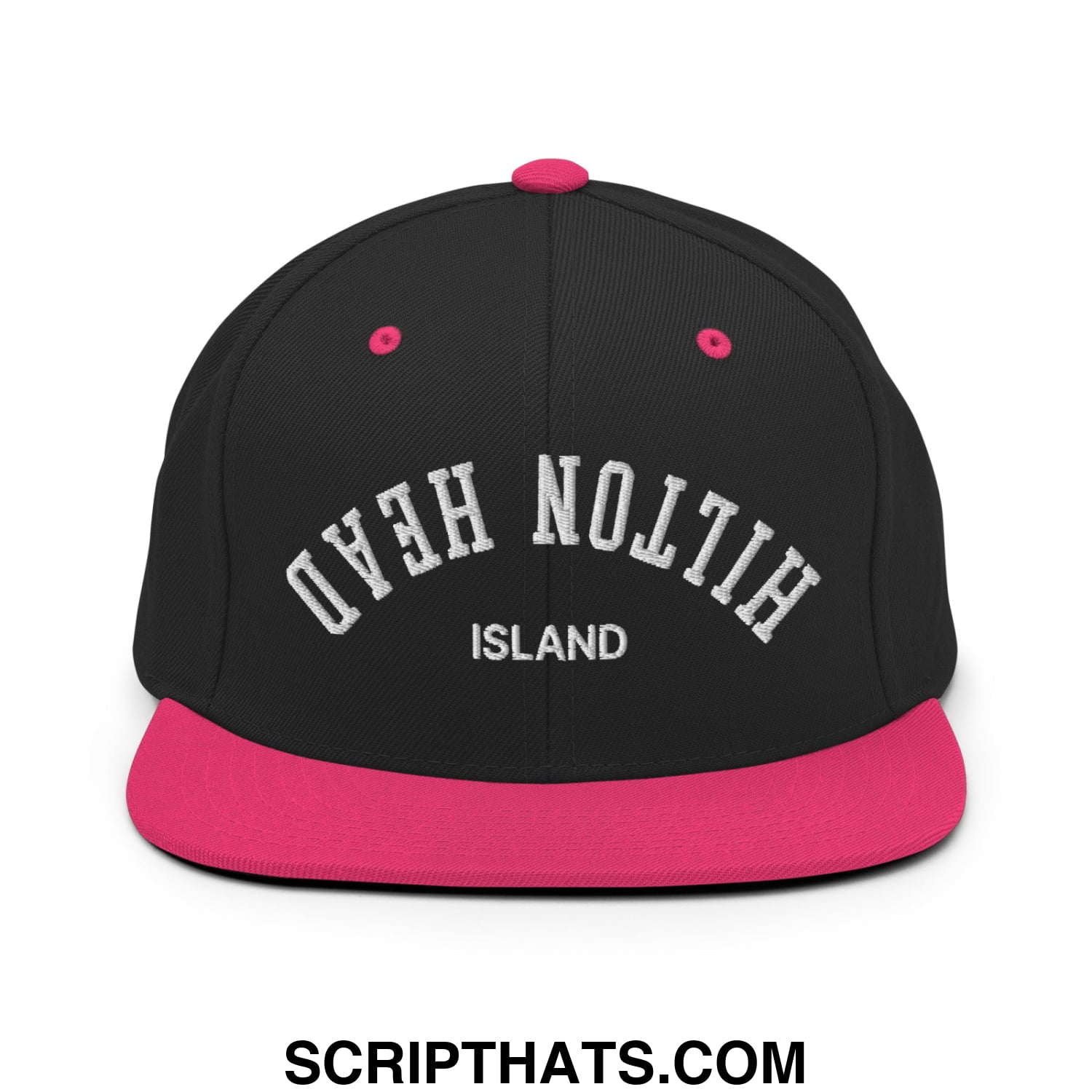 Upside Down Hilton Head Island Embroidered Flat Bill Brim Snapback Hat Black Neon Pink