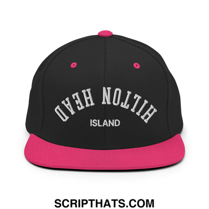 Upside Down Hilton Head Island Embroidered Flat Bill Brim Snapback Hat Black Neon Pink