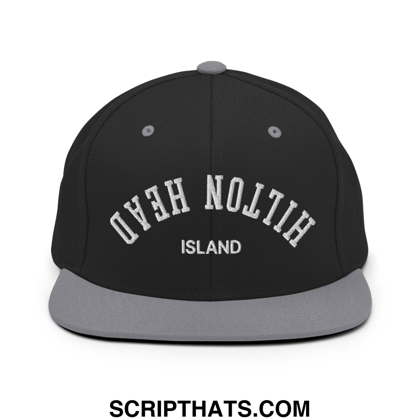 Upside Down Hilton Head Island Embroidered Flat Bill Brim Snapback Hat Black Silver
