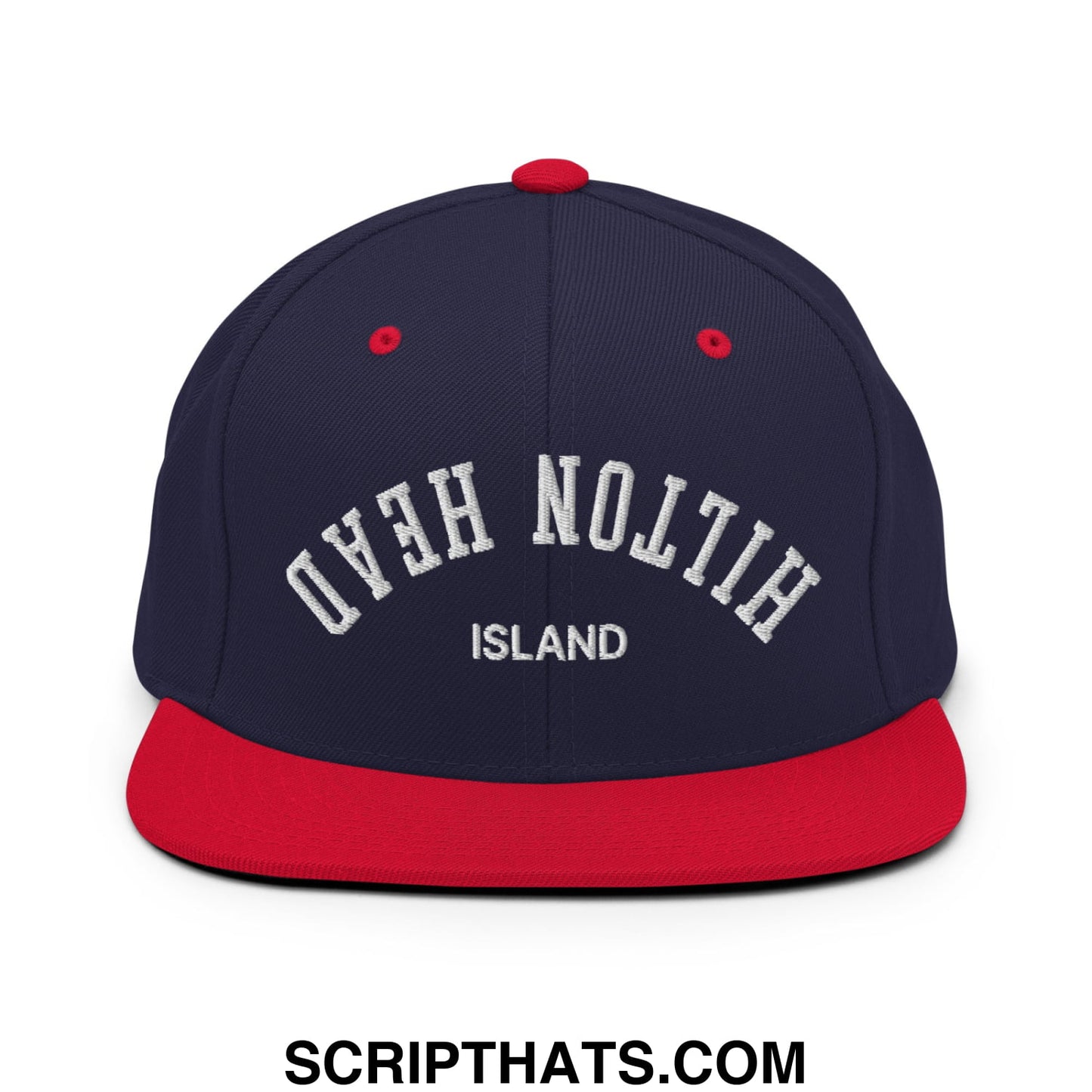 Upside Down Hilton Head Island Embroidered Flat Bill Brim Snapback Hat Navy Red