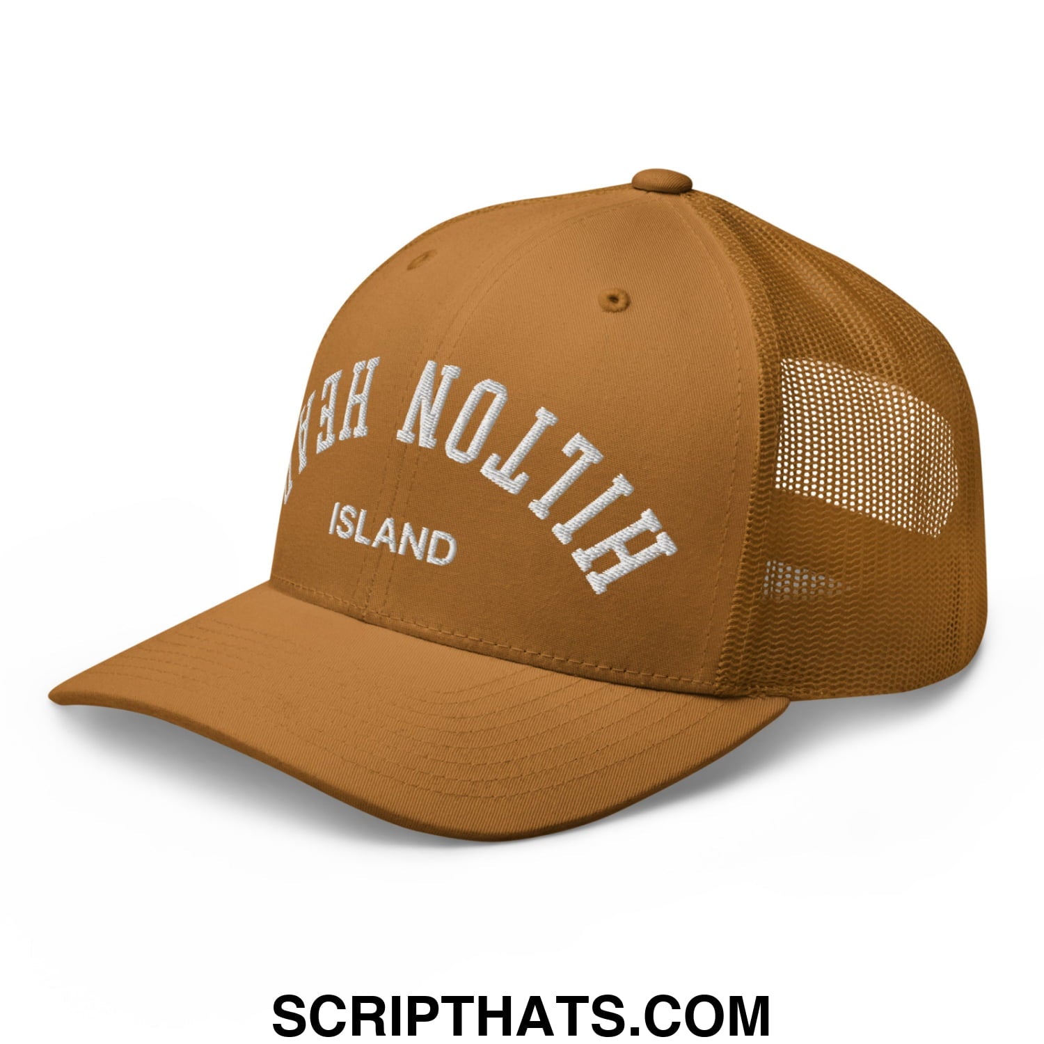 Upside Down Hilton Head Island Embroidered Mesh Trucker Hat Caramel