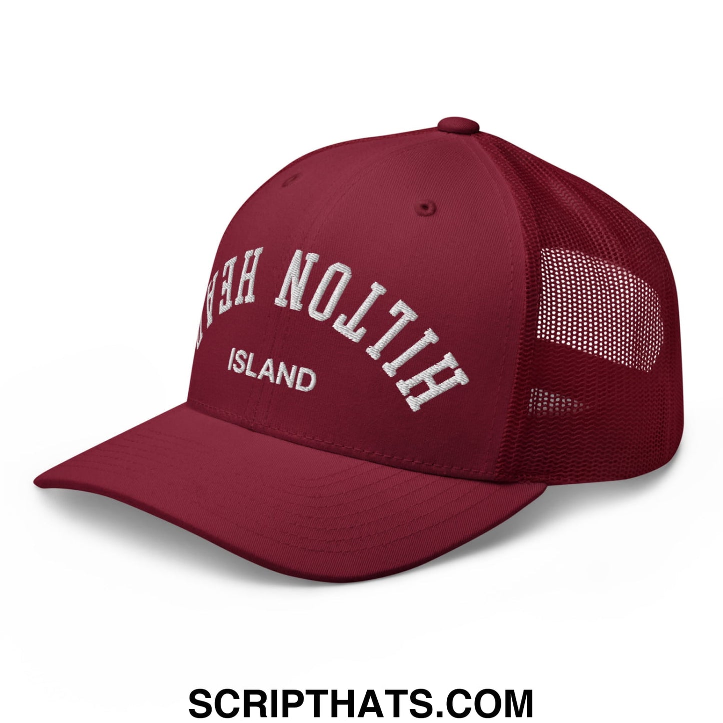 Upside Down Hilton Head Island Embroidered Mesh Trucker Hat Cranberry