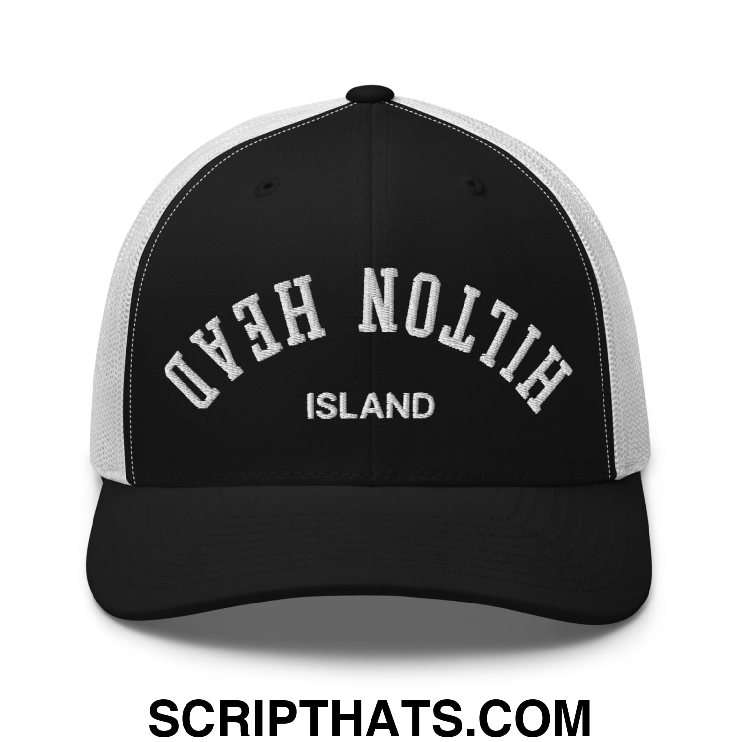 Upside Down Hilton Head Island Embroidered Mesh Trucker Hat Black White