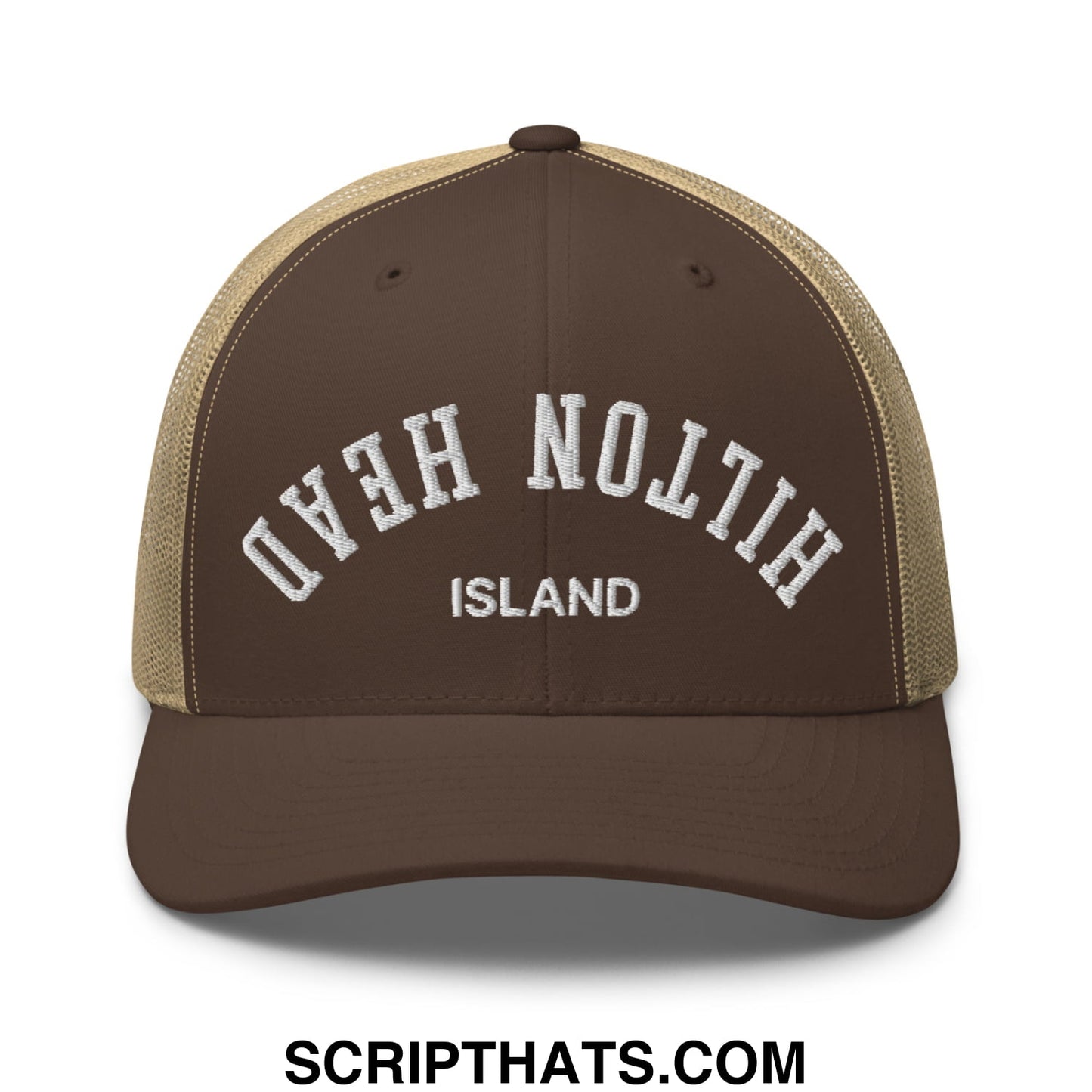 Upside Down Hilton Head Island Embroidered Mesh Trucker Hat Brown Khaki