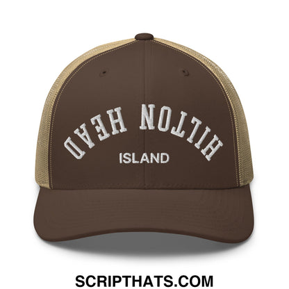 Upside Down Hilton Head Island Embroidered Mesh Trucker Hat Brown Khaki