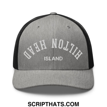 Upside Down Hilton Head Island Embroidered Mesh Trucker Hat Heather Black