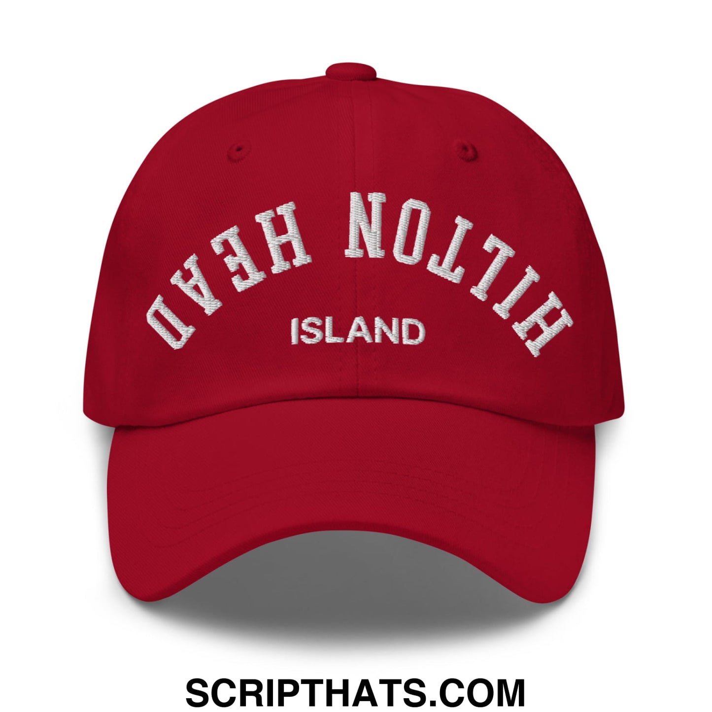 Upside Down Hilton Head Island Embroidered Unstructured Dad Hat Cranberry