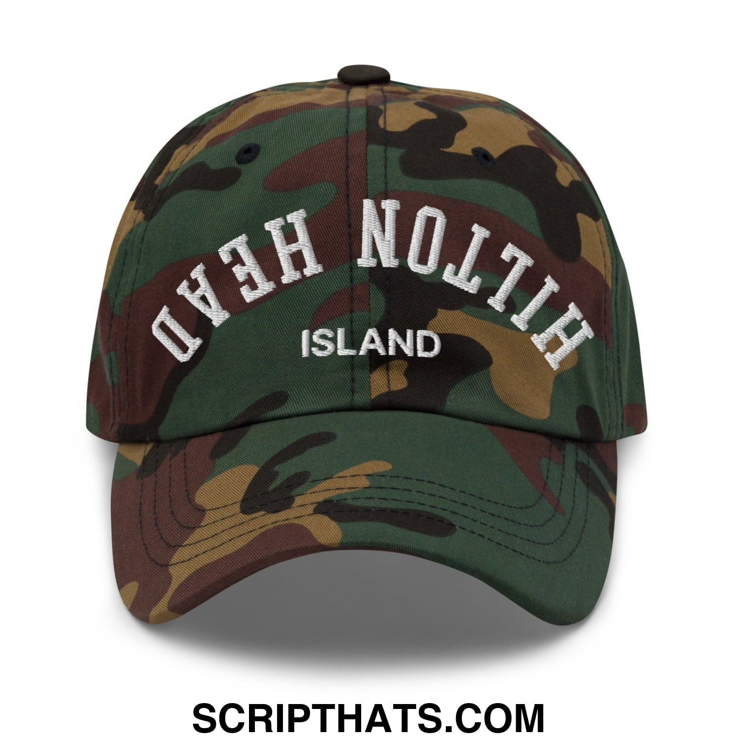 Upside Down Hilton Head Island Embroidered Unstructured Dad Hat Green Camo