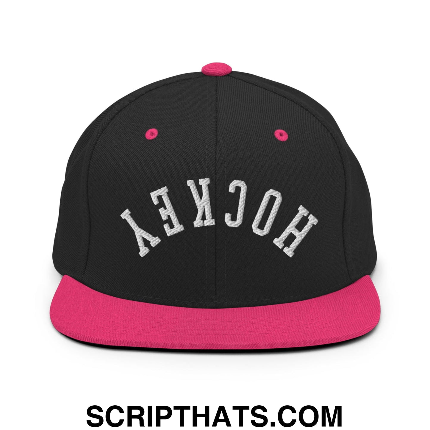 Upside Down Hockey Embroidered Flat Bill Brim Snapback Hat Black Neon Pink