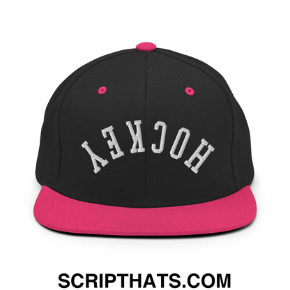 Upside Down Hockey Embroidered Flat Bill Brim Snapback Hat Black Neon Pink
