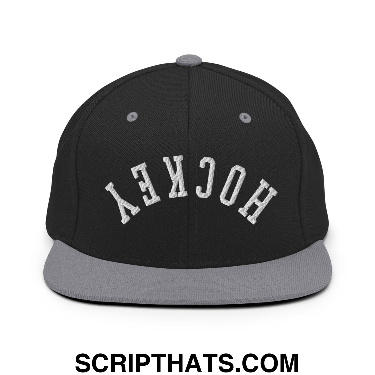 Upside Down Hockey Embroidered Flat Bill Brim Snapback Hat Black Silver