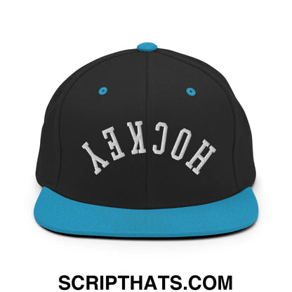Upside Down Hockey Embroidered Flat Bill Brim Snapback Hat Black Teal