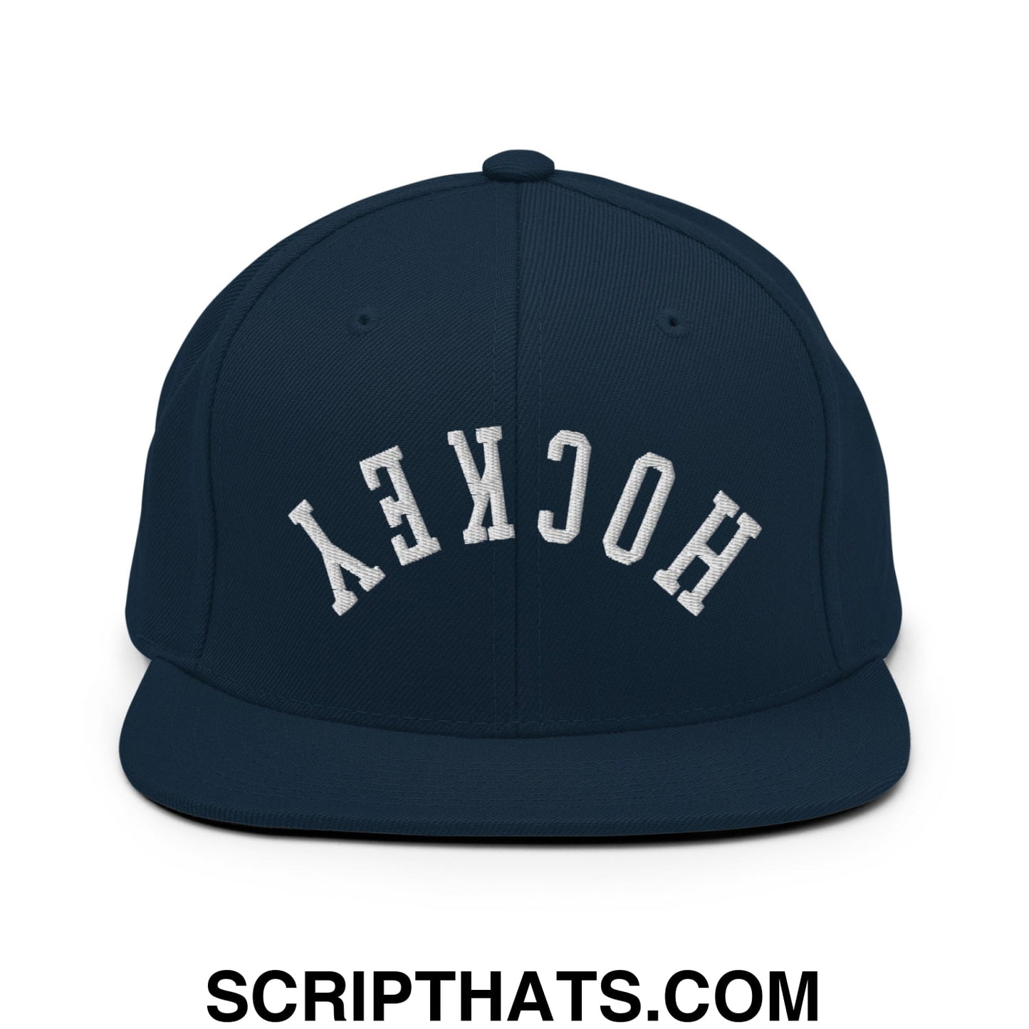 Upside Down Hockey Embroidered Flat Bill Brim Snapback Hat Dark Navy