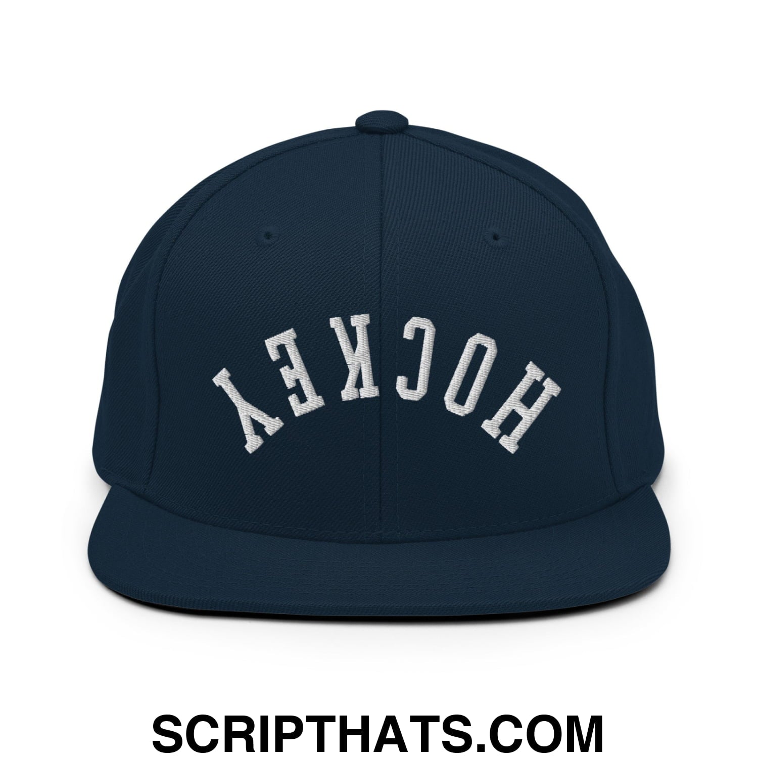 Upside Down Hockey Embroidered Flat Bill Brim Snapback Hat Dark Navy