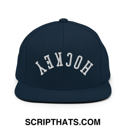 Upside Down Hockey Embroidered Flat Bill Brim Snapback Hat Dark Navy