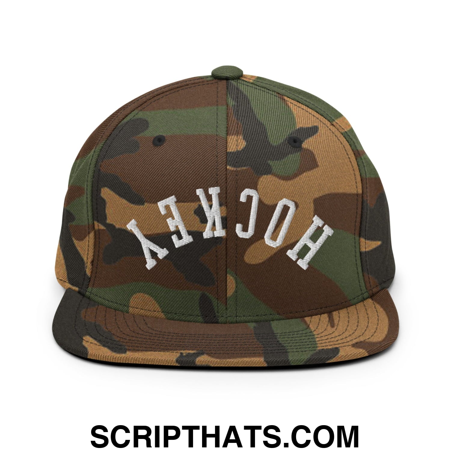 Upside Down Hockey Embroidered Flat Bill Brim Snapback Hat Green Camo