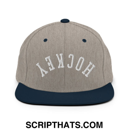 Upside Down Hockey Embroidered Flat Bill Brim Snapback Hat Heather Grey Navy