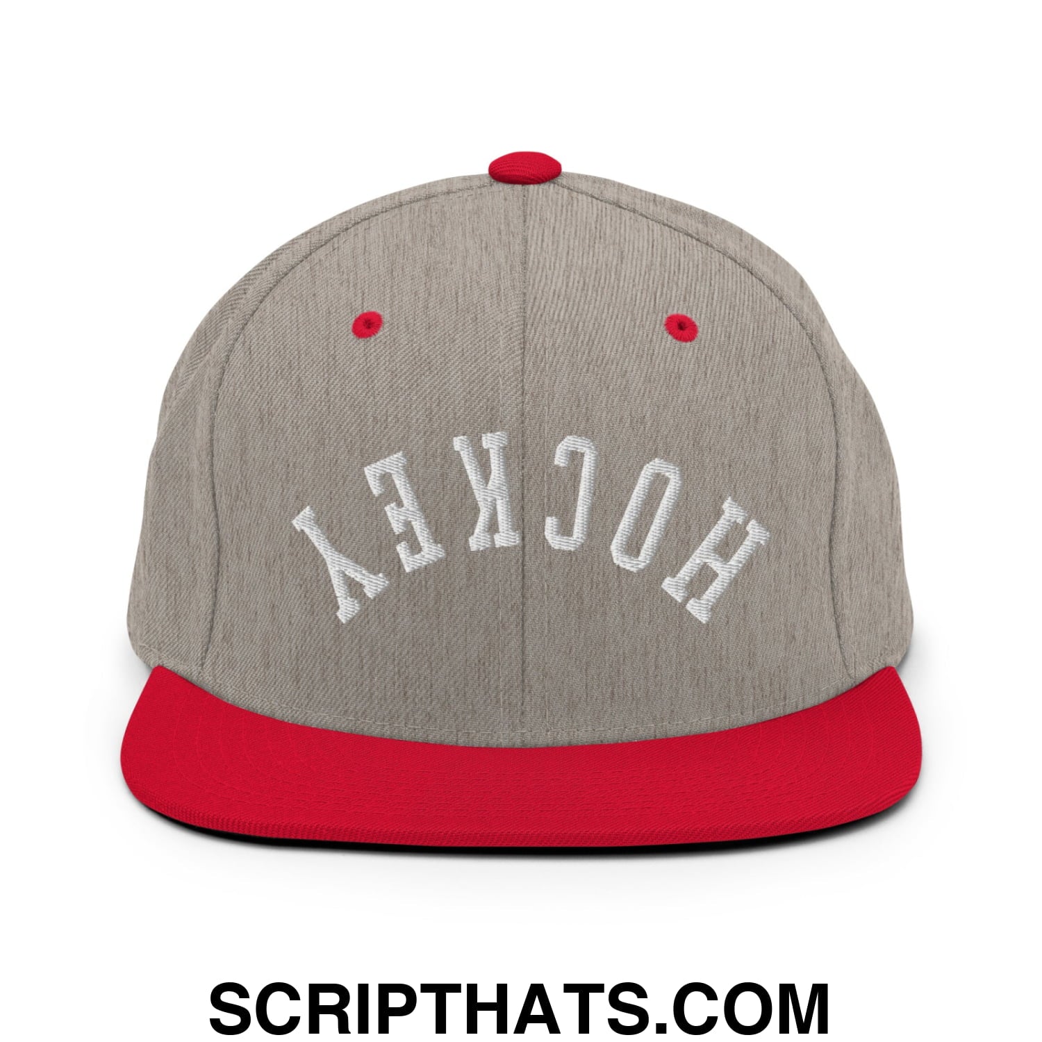 Upside Down Hockey Embroidered Flat Bill Brim Snapback Hat Heather Grey Red