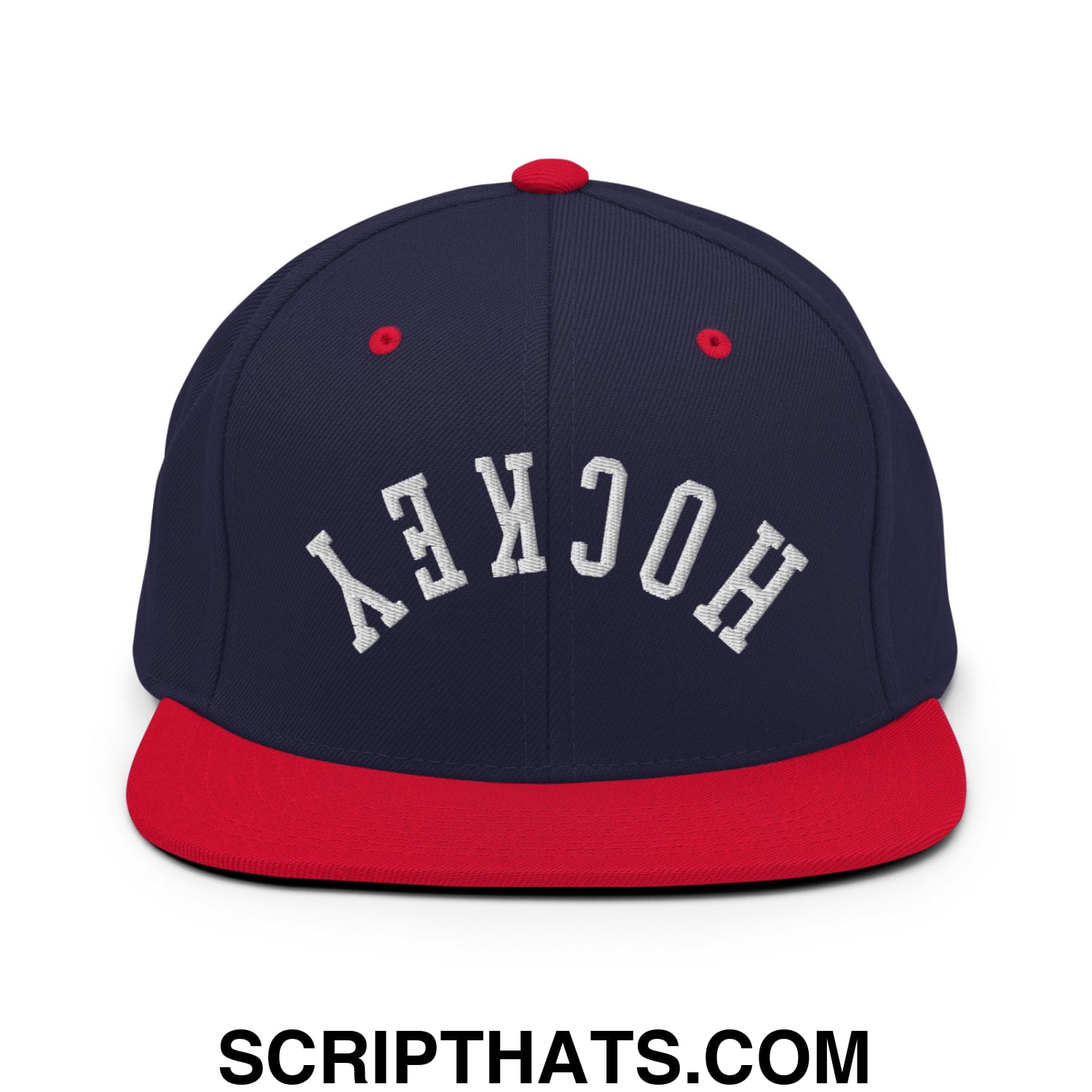 Upside Down Hockey Embroidered Flat Bill Brim Snapback Hat Navy Red
