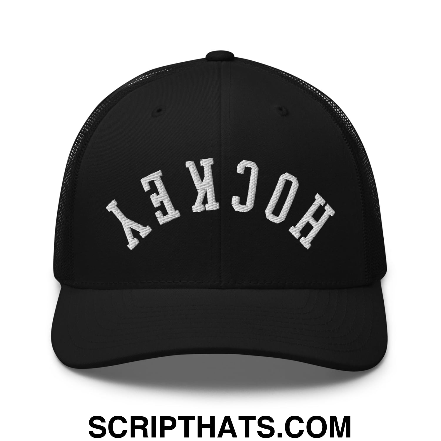 Upside Down Hockey Embroidered Mesh Trucker Hat Black