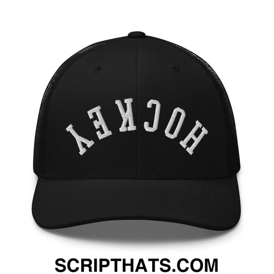 Upside Down Hockey Embroidered Mesh Trucker Hat Black