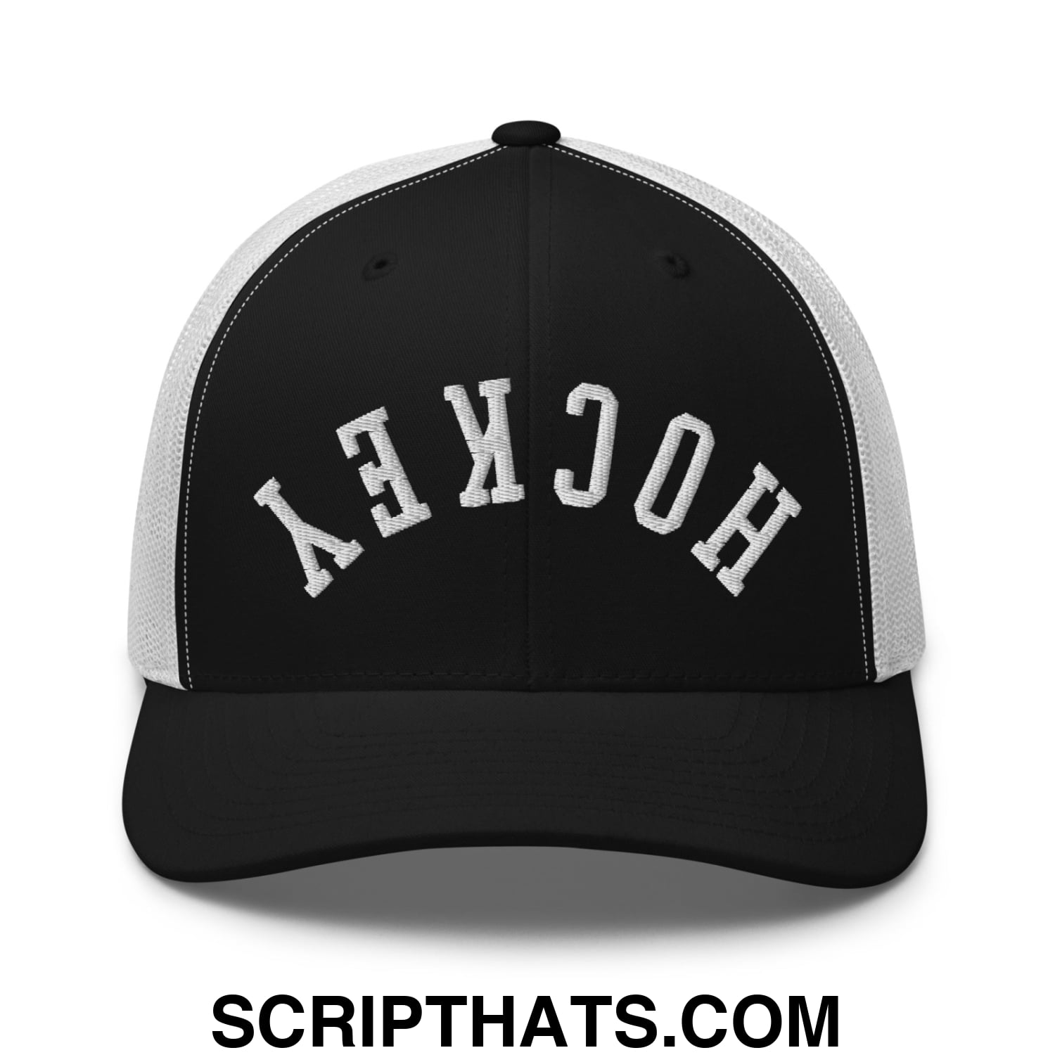Upside Down Hockey Embroidered Mesh Trucker Hat Black White