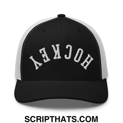 Upside Down Hockey Embroidered Mesh Trucker Hat Black White