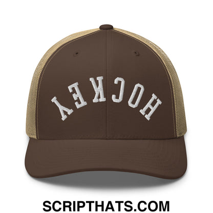 Upside Down Hockey Embroidered Mesh Trucker Hat Brown Khaki